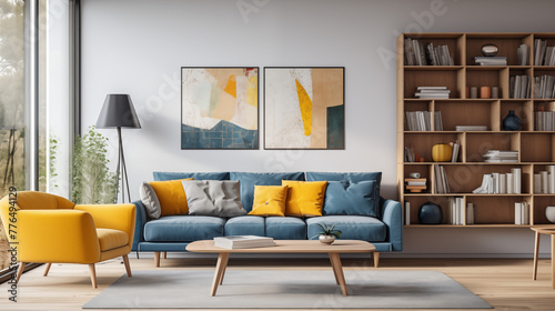 Elegant Modern Living Room with Blue Sofa and Yellow Decorative Pillows © heroimage.io