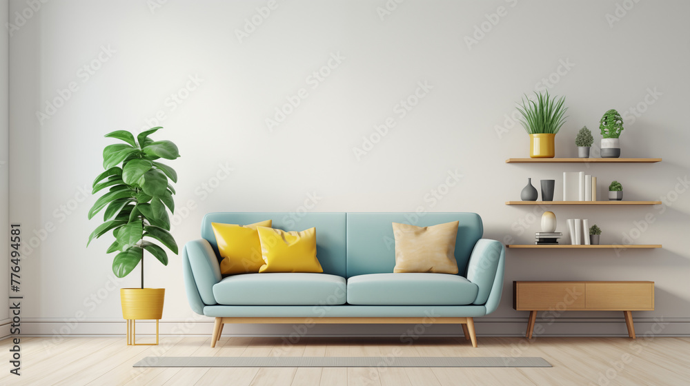 Minimalist Living Room Design with Blue Couch and Mustard Yellow Pillows