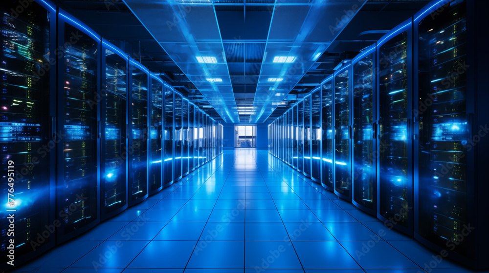 Sleek Data Center Network Room with Blue LED Lighting Sleek Data Center Network Room with Blue LED Lighting