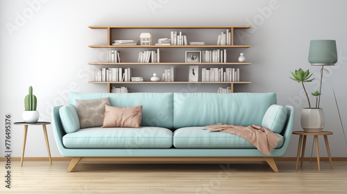 Modern Living Room Interior with Bookshelves and Comfortable Sofa © heroimage.io