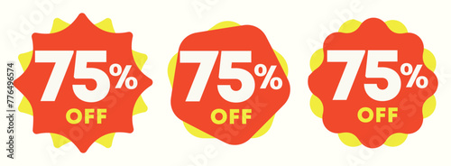 75% off. Special offer sticker, label, tag. Value discount poster, price. Shapes in yellow and red. Promo, discount, sale, store, retail, mall. Icon, vector