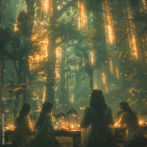 Ethereal Elven Entrepreneurs Transacting in a Mystical Forest with Holographic Displays and Golden Leaf Currency