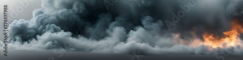 Abstract realistic illustration of gray smoke clubs and fire tongues on dark background. Background for banner design, poster, website header, space for text. 