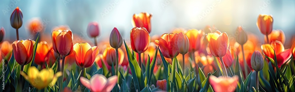 Blooming Tulips in a Sunny Meadow: A Perfect Spring and Easter Backdrop