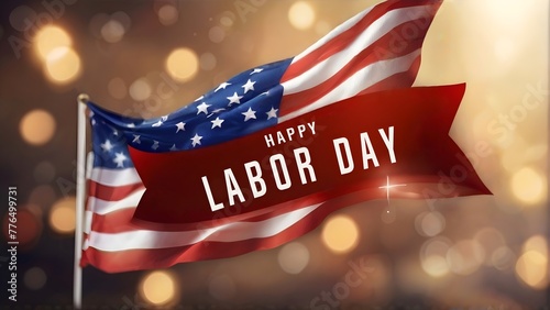 An American flag on a background full of flashing lights with a red ribbon in the center that says Happy Labor Day, flag, american flag, usa, celebration, labor day, happy labor day, light, lights