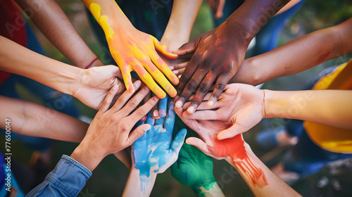 Group of Colorful Painted Hands in a Circle photo