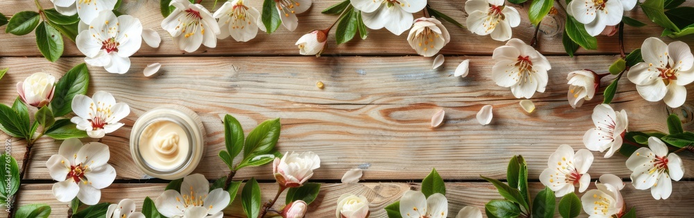 Floral Organic Cosmetics Set for a Relaxing Spa Day on Wooden Background Floral Organic Cosmetics Set for a Relaxing Spa Day on Wooden Background