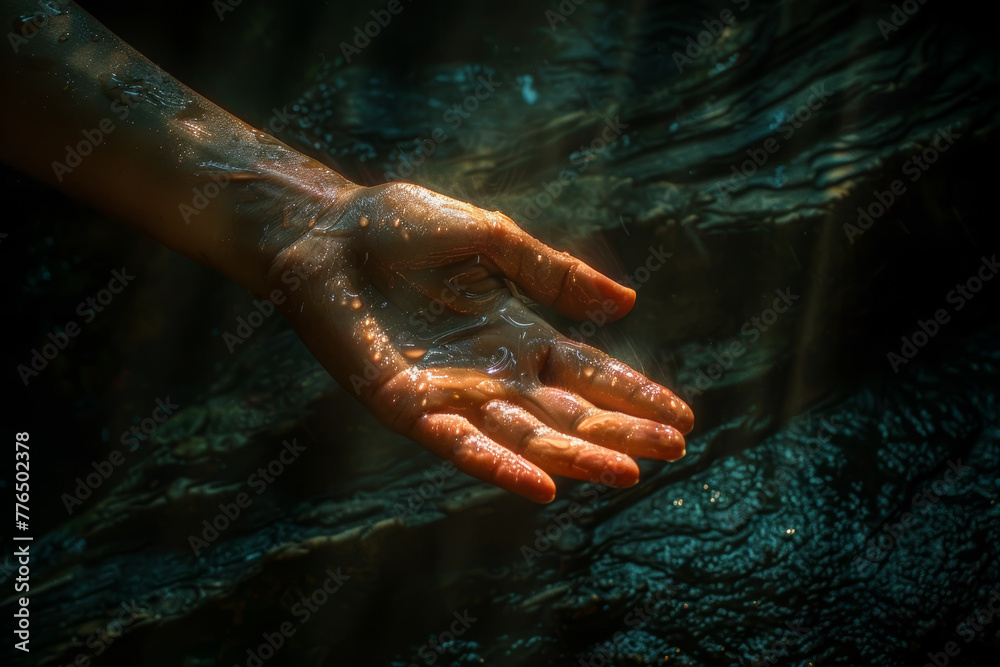 Hand reaching out from the darkness towards a guiding light. Concept of seeking assistance. Generative Ai. Hand reaching out from the darkness towards a guiding light. Concept of seeking assistance. Generative Ai.