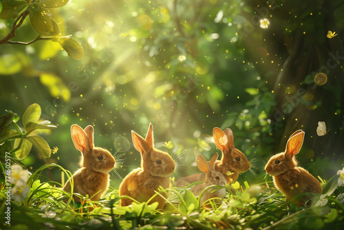 Delightful little rabbits hopping through a sun-dappled glade in a lush forest, their cottony tails bobbing with each joyful leap, captured in crisp HD imagery