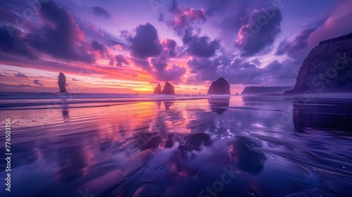 A secluded beach at sunset, the sky ablaze with colors ranging from deep purple to orange, reflections dancing on the wet sand, creating a moment of harmony and reflection.
