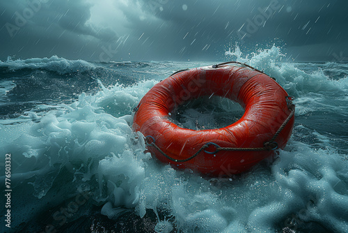 A rescue buoy thrown into stormy seas to aid drowning victims. Concept of lifesaving assistance. Generative Ai.