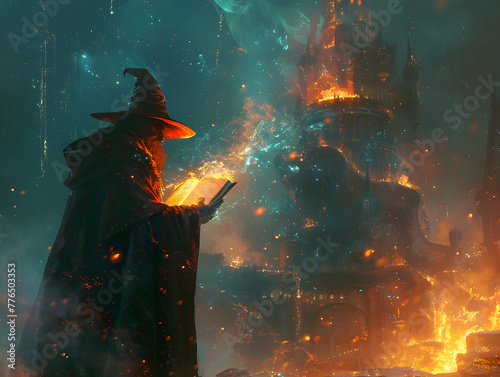 Wizard Casting Fiery Spells from Floating Tome in Fantastical Tower