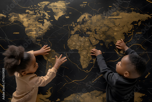 Afrikanische Kinder setzen ein Puzzle der Welt zusammen, schwarz-gold, Teile Afrikas fehlen, Konzept Kontinent Afrika, Zukunft Afrika, Blickwinkel von oben photo