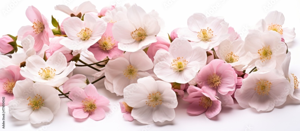 Numerous delicate pink and white blossoms can be seen blooming on a single branch in a beautiful display of nature's colors