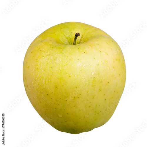 Yellow ripe apple with water drops isolated on white. © Lesia
