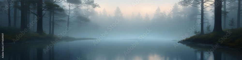 Abstract illustration blurred forest landscape in fog. Background for social media banner, for website and for your design, space for text.
