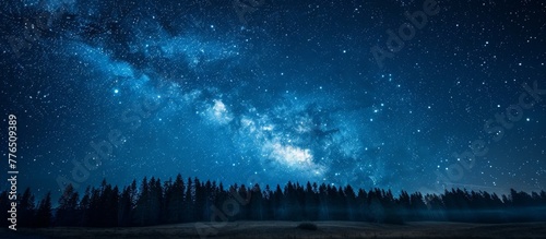 A night sky with stars and a forest in the foreground