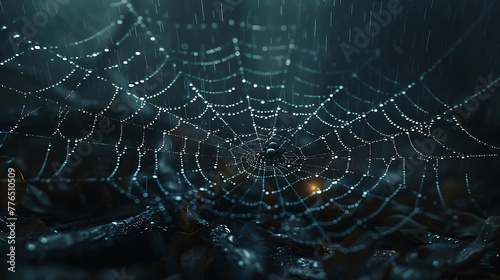 symmetry of a spider's web adorned with dewdrops
