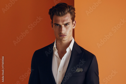 Suave male models exuding timeless elegance in simple yet refined clothing, portrayed against a solid color backdrop with HD precision