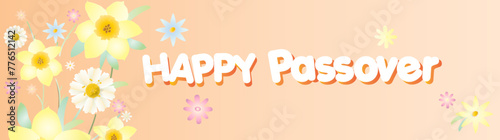 Happy Passover floral banner greeting card with decorative Spring yellow flowers peach color background for Passover Seder decoration, Pesach headline page, brochure cover, place for text