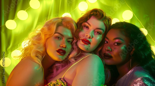 Three enchanting women with different skin tones and hair colors, their vibrant energy captured in a group portrait against a backdrop of electric lime, radiating vitality and joy.