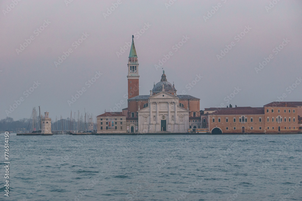 San Giorgio Maggiore Church on a hazy winter evening, Venice, Veneto, Italy
