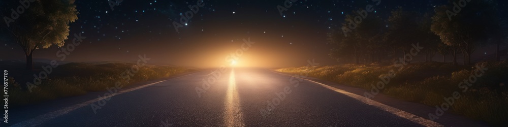 Abstract illustration distant headlight light from darkness on deserted road. Background for social media banner, website and for your design, space for text.	