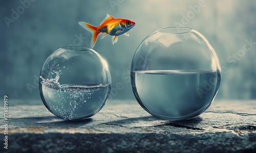 goldfish jumping from a very small goldfish bowl into a very big goldfish bowl, rise and improvement concept
