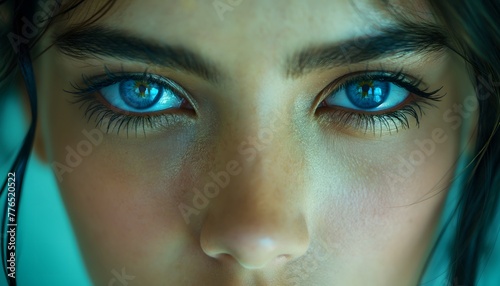 Blue eyes, beautiful girl focused to the camera