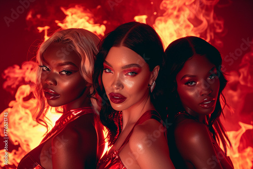 Three radiant ladies with distinct hairstyles and skin shades exuding elegance against a fiery crimson backdrop.