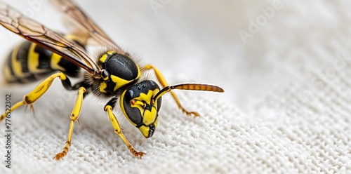 wasp on white fabric, showing its black and yellow stripes. Web banner with copyspace