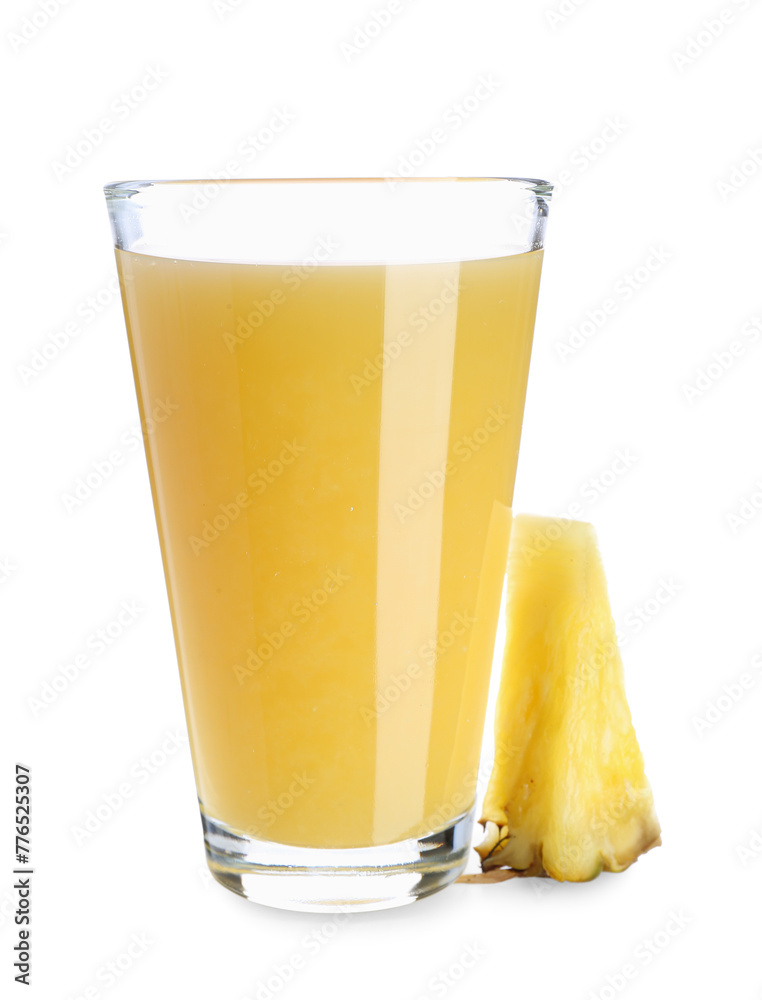Glass of sweet pineapple juice with fruit slice on white background Glass of sweet pineapple juice with fruit slice on white background