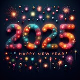 2025 text using only fireworks and  caption HAPPY NEW YEAR dark background