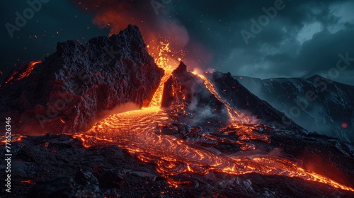 The dramatic scene of a volcano erupting at night, with lava flowing down its slopes and ash plumbin into the night sky. The natural power of the earth is on full display, with the glowing lava contra