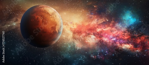 A glowing planet surrounded by stars and nebulas