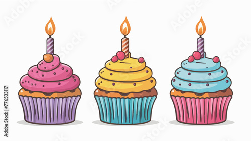 Delicious Birthday Cupcake  Vector Illustration with Candle on White Background