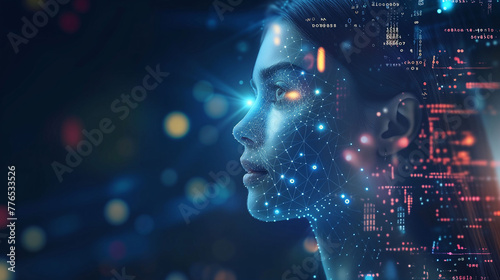 Graphic illustration of artificial intelligence. Futuristic portrait of a woman's face with a neural network or virtual data network superimposed or in double exposure. Concept of artificial intellige ©  J. GALIÑANES STOCK