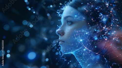 Graphic illustration of artificial intelligence. Futuristic portrait of a woman's face with a neural network or virtual data network superimposed or in double exposure. Concept of artificial intellige