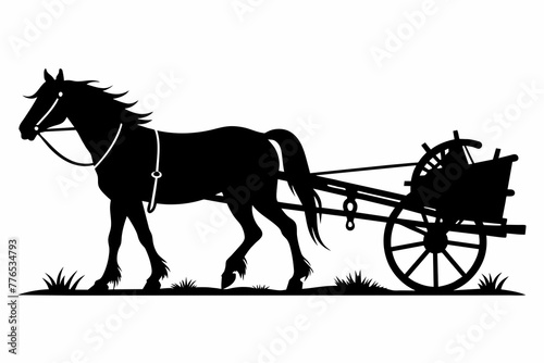 Horse drawn cultivator silhouette black vector illustration