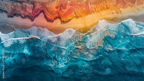Paisaje vista desde arriba, fotografía aérea, composición abstracta de costa, mar y arena. Generado con tecnología IA photo