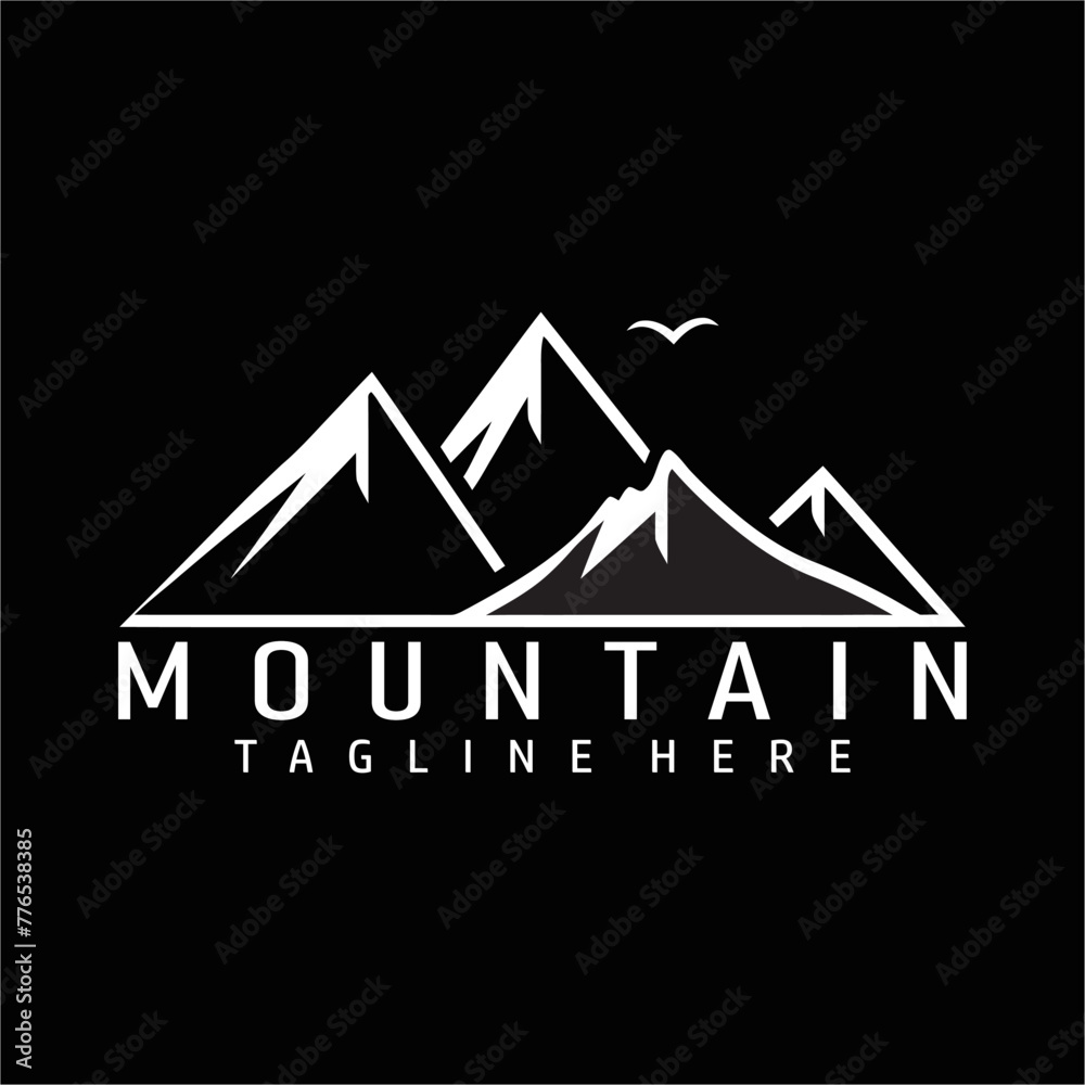 Mountain logo flat vector illustration set. Collection of logo stamps signs design elements outdoor tourist adventure camping, rocky mountain peak, life in the wilderness