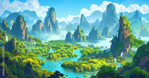 the beautiful rivers and mountains of china, cartoon for kids, colorfull