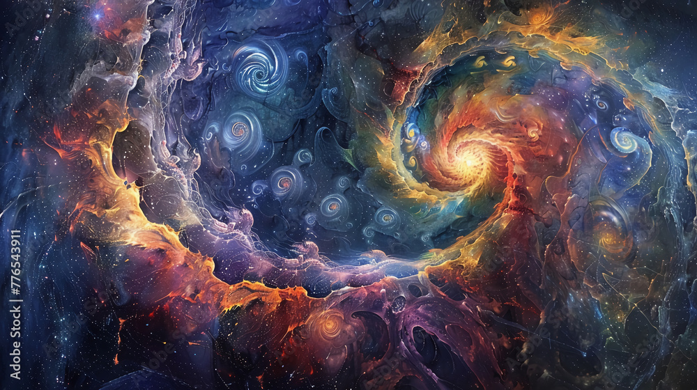 Celestial swirl amidst abstract waves background, symbolizing cosmic flow. Celestial swirl amidst abstract waves background, symbolizing cosmic flow.