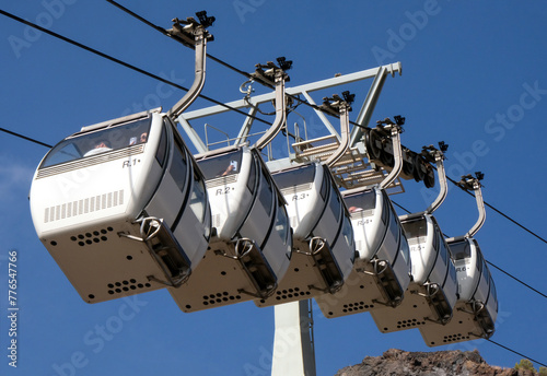 Cable car cabins in the town of Fira on the island of Santorini