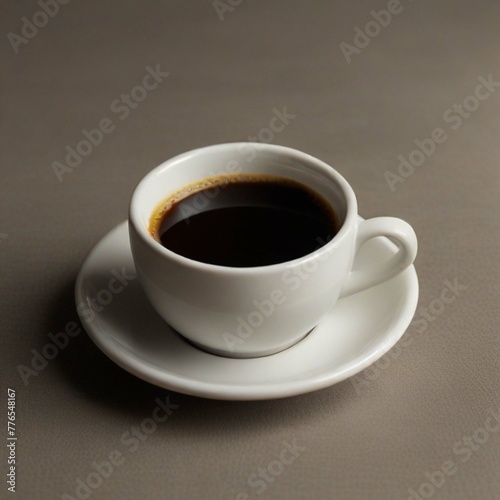 Cup of warm coffee and coffee beans, angle photography.