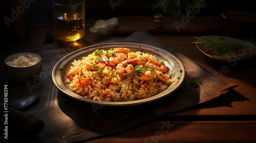 American shrimp fried rice served with chili background
