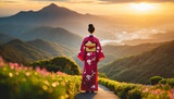 Traditional Japanese woman in kimono, symbolizing cultural heritage and simplicity, captured from behind with backlight. Caption space available