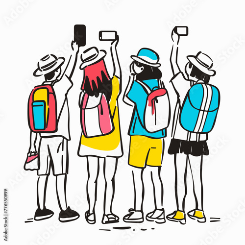 Vibrant vector illustration of friends capturing memories, ideal for travel and adventure themes.