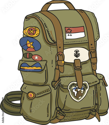 Fully-equipped backpack for hiking with badges, great for outdoor activity promotions and guides.