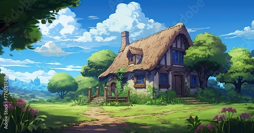 the house is an example of an animated animation, in the style of american scene painting, fairy academia, detailed character design, cottagepunk, detailed skies, cranberrycore, 2d game art photo